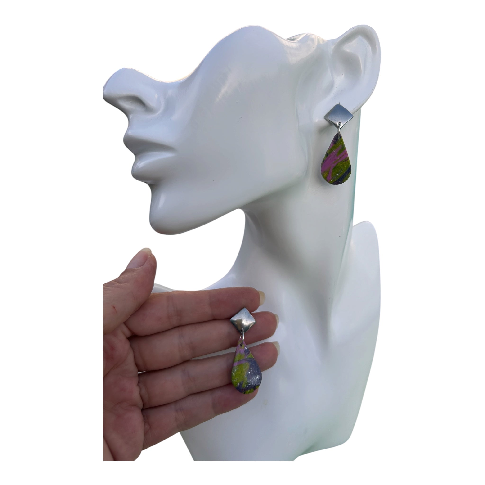 Boucles d'oreilles Goutte Irisée — Pâte Polymère & Acier Argenté