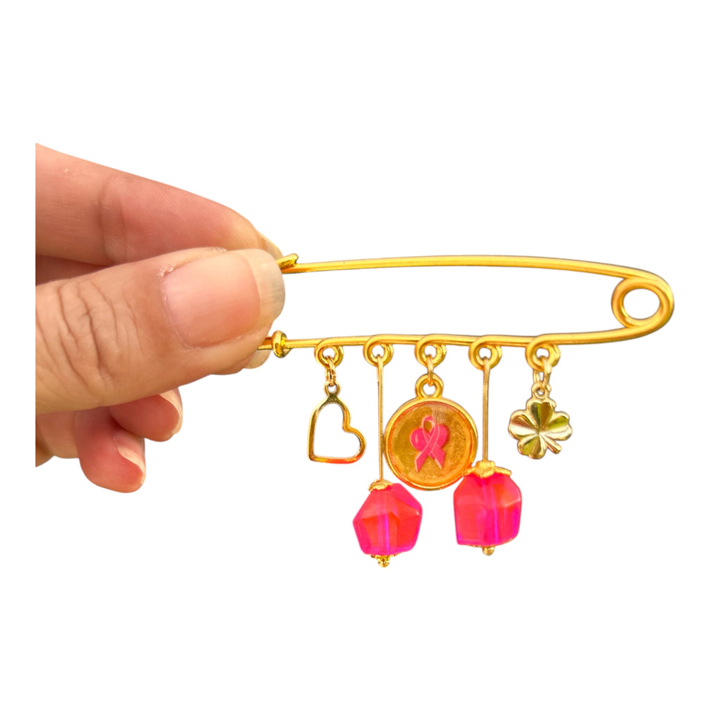 Épingle Dorée Octobre Rose – Perle & Médaillon en Résine